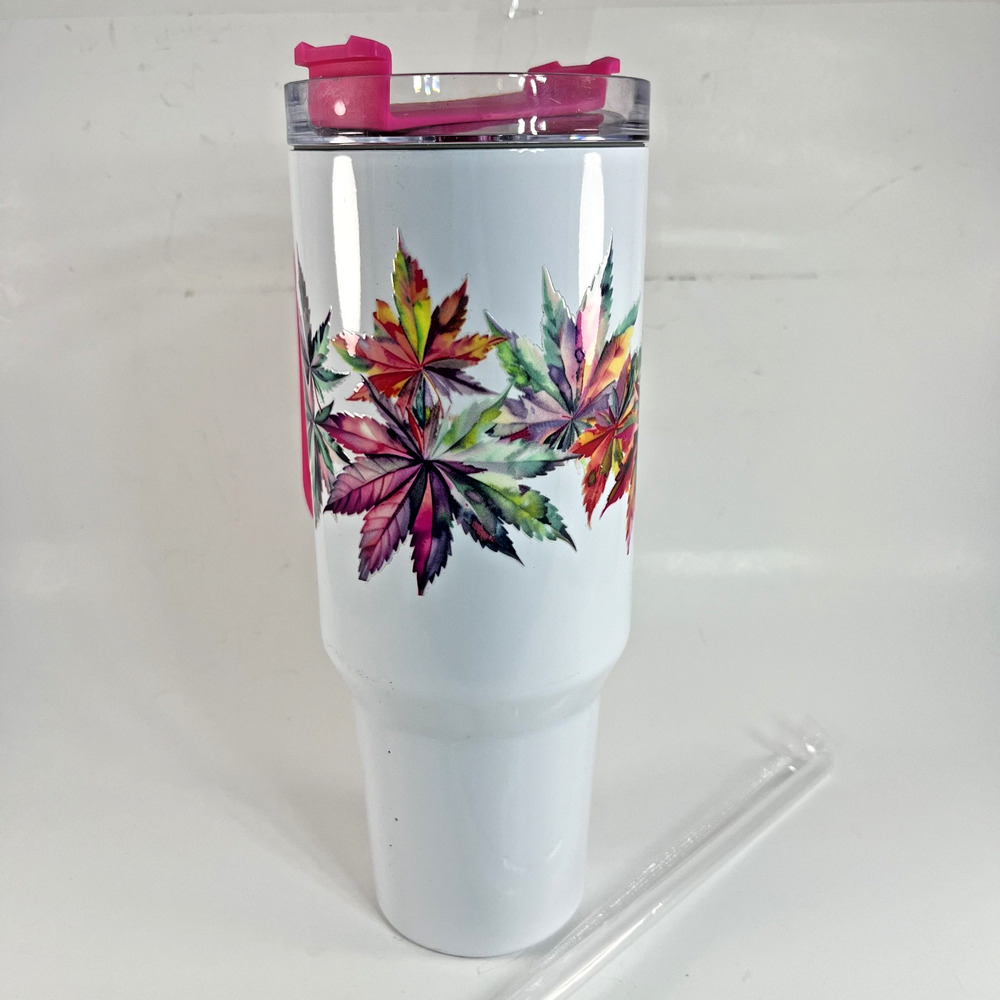 30oz Insulated Tumbler White Floral Travel Mug Pink Lid Straw Cup